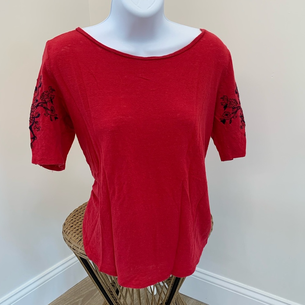 LOFT Red with blue flower short sleeves Large Petite Linen Tee T-shirt blouse